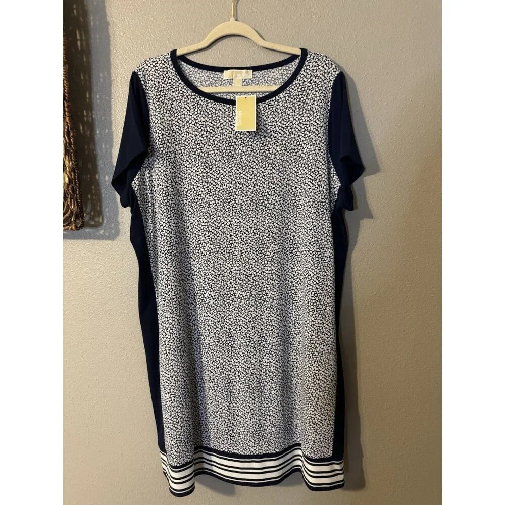 Michael Kors Shift Dress 2X Navy Blue Ivory White Short Sleeve Washable NEW - Picture 11 of 12
